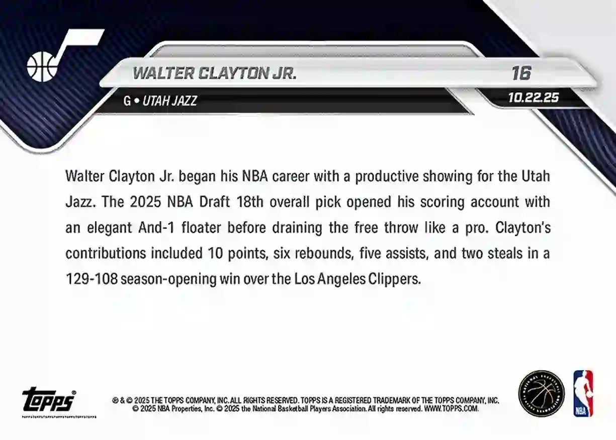 Walter Clayton Jr. - 2025-26 NBA Topps NOW - Rookie RC - Card 016 - WTC