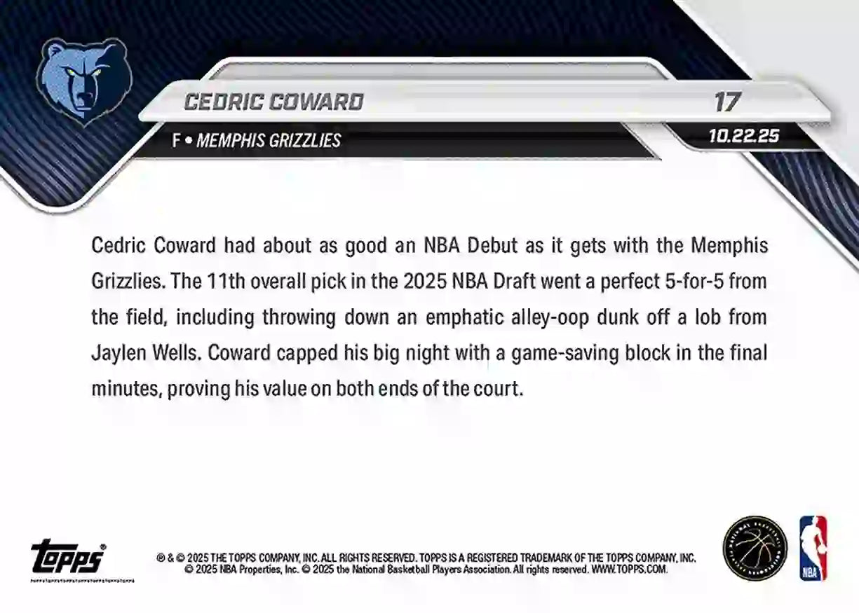 Cedric Coward - 2025-26 NBA Topps NOW - Rookie RC - Card 017 - WTC