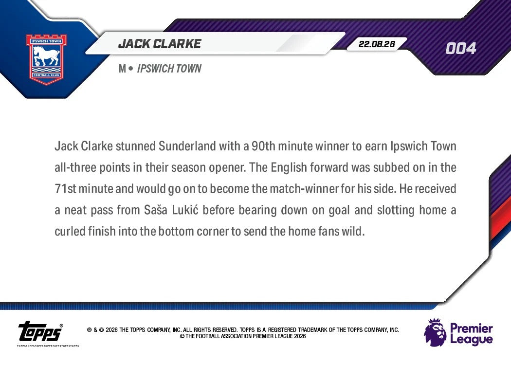 2026-27 | Topps | Now | Premier League | Jack Clarke | Base | #004 | BAJO PEDIDO | ENVÍO 30 días aproximadamente desde la fecha de compra.