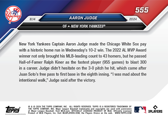Aaron Judge - 2024 - Topps Now MLB - #555 - Yankees - 300 HOMERS - World Trading Cards - Baseball Card - RAW Chrome