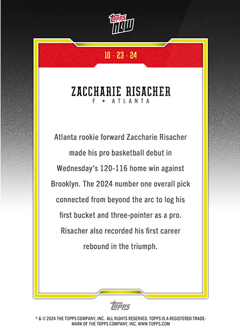 Zaccharie Risacher - 2024 - Topps Now Basketball - NBA Debut, No. 1 Draft 2024 - #002 - World Trading Cards - Basketball Card - RAW Card