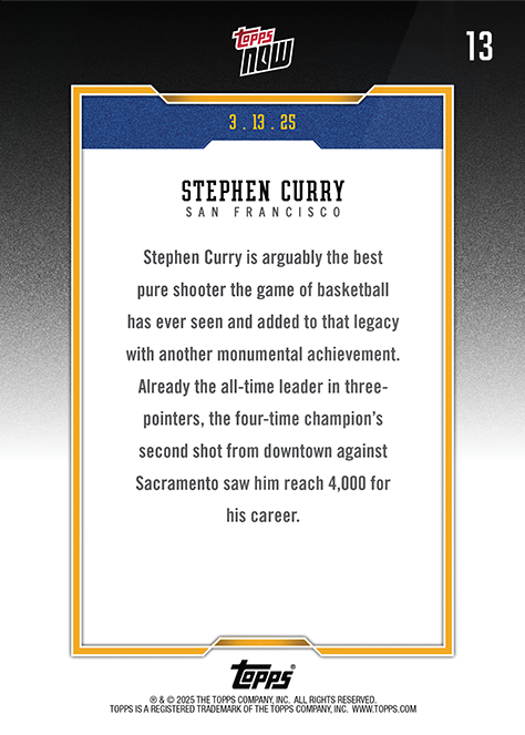 Stephen Curry - 2025 - Topps Now Basketball - 4000 Triples NBA - #013 - World Trading Cards - Tarjeta Basketball - Cromo RAW