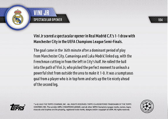 Vinicius Jr. - 2023 - Topps Now UCL - Real Madrid - SPECTACULAR OPENER - #104 - World Trading Cards - Football Card - RAW Trading Card