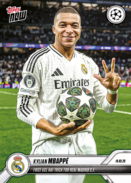 Kylian Mbappe - 2025 - Topps Now UCL - 1º Hat - Trick en UCL con Real Madrid - #108 - World Trading Cards - Tarjeta Fútbol - Cromo Raw