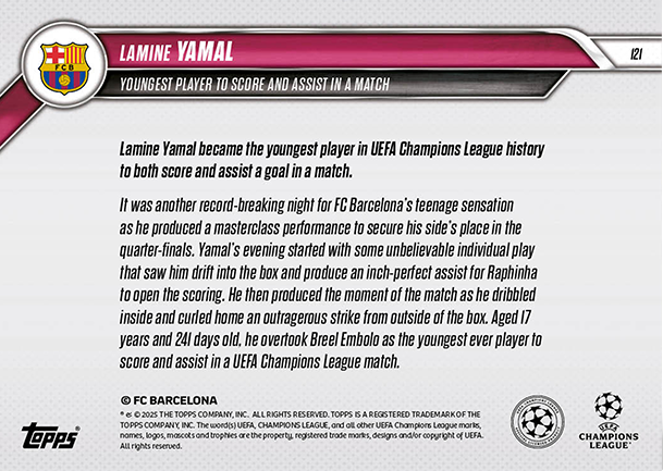 Lamine Yamal - 2024 - Topps Now UCL - Barcelona - UCL - #121 - World Trading Cards - Tarjeta Fútbol - Cromo RAW