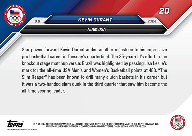 Kevin Durant - Topps Now Olympic Game Paris - #020 - World Trading Cards - Tarjeta Basketball - Cromo RAW