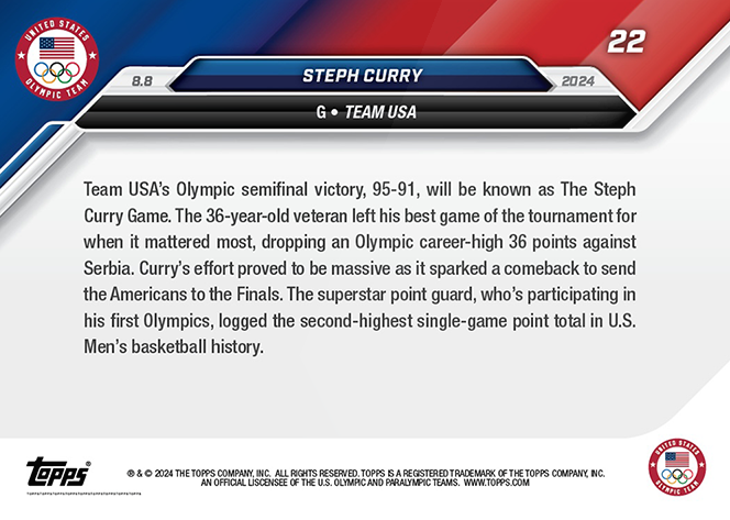 Steph Curry - Topps Now Olympic Game Paris - #022 - 36 Point Into Finals - World Trading Cards - Tarjeta Basketball - Cromo RAW