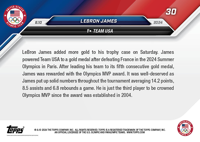 Lebron James - 2024 - Topps Now Olympic Game Paris - MVP - #030 - World Trading Cards - Tarjeta Basketball - Cromo RAW