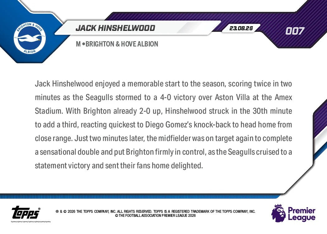 2026-27 | Topps | Now | Premier League | Jack Hinshelwood | Base | #007 | BAJO PEDIDO | ENVÍO 30 días aproximadamente desde la fecha de compra.