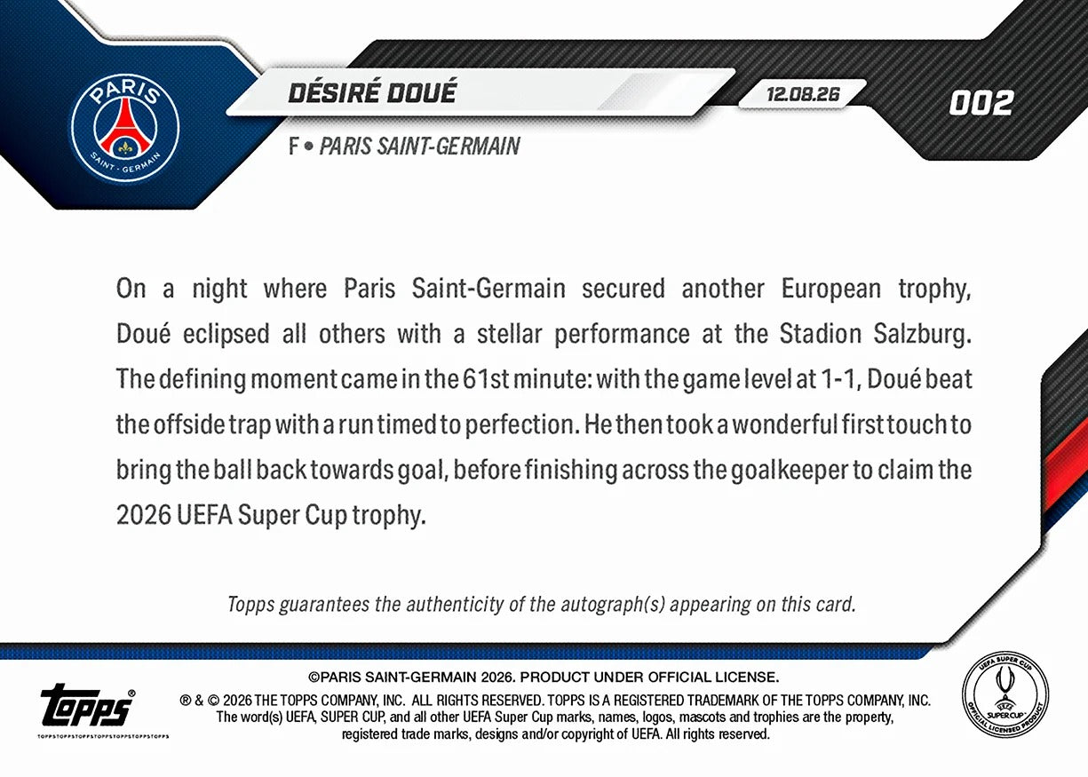 2026-27 | Topps | Now | Uefa Champions League | Désiré Doué | Base | #002 | Limited Editions | PREORDEN | ENVÍO 30 días aproximadamente desde la fecha de compra.