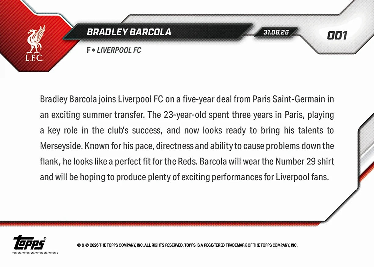2026-27 | Topps | Now | Liverpool | #001 | Bradley Barcola | Base