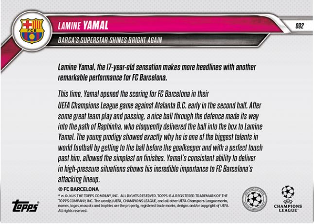Lamine Yamal - 2024 - Topps Now UCL - Barcelona - UCL - #092 - World Trading Cards - Tarjeta Fútbol - Cromo RAW