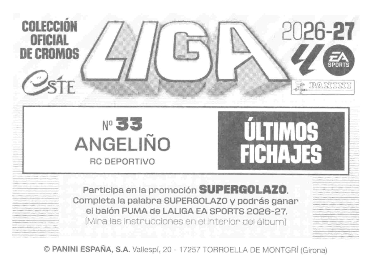 Angeliño — Deportivo La Coruña. Últimos Fichajes, #UF33. Panini Liga Este 2026-2027, edición 3. Imagen 2.