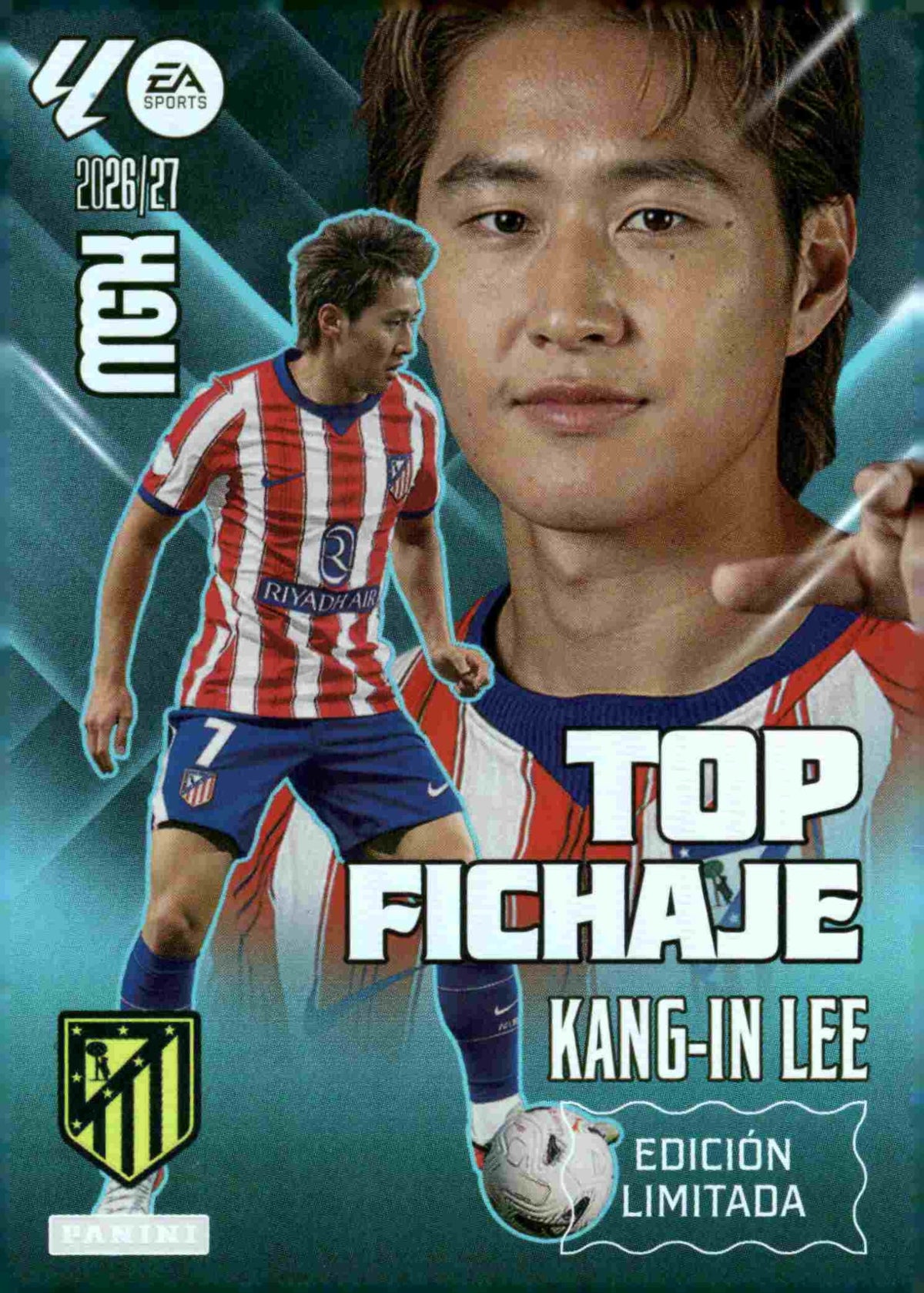 Kang-in Lee — Atlético de Madrid. Top Fichaje · Edición Limitada, Panini Megacracks 2026-2027. Anverso. Referencia interna WTC EDL4.