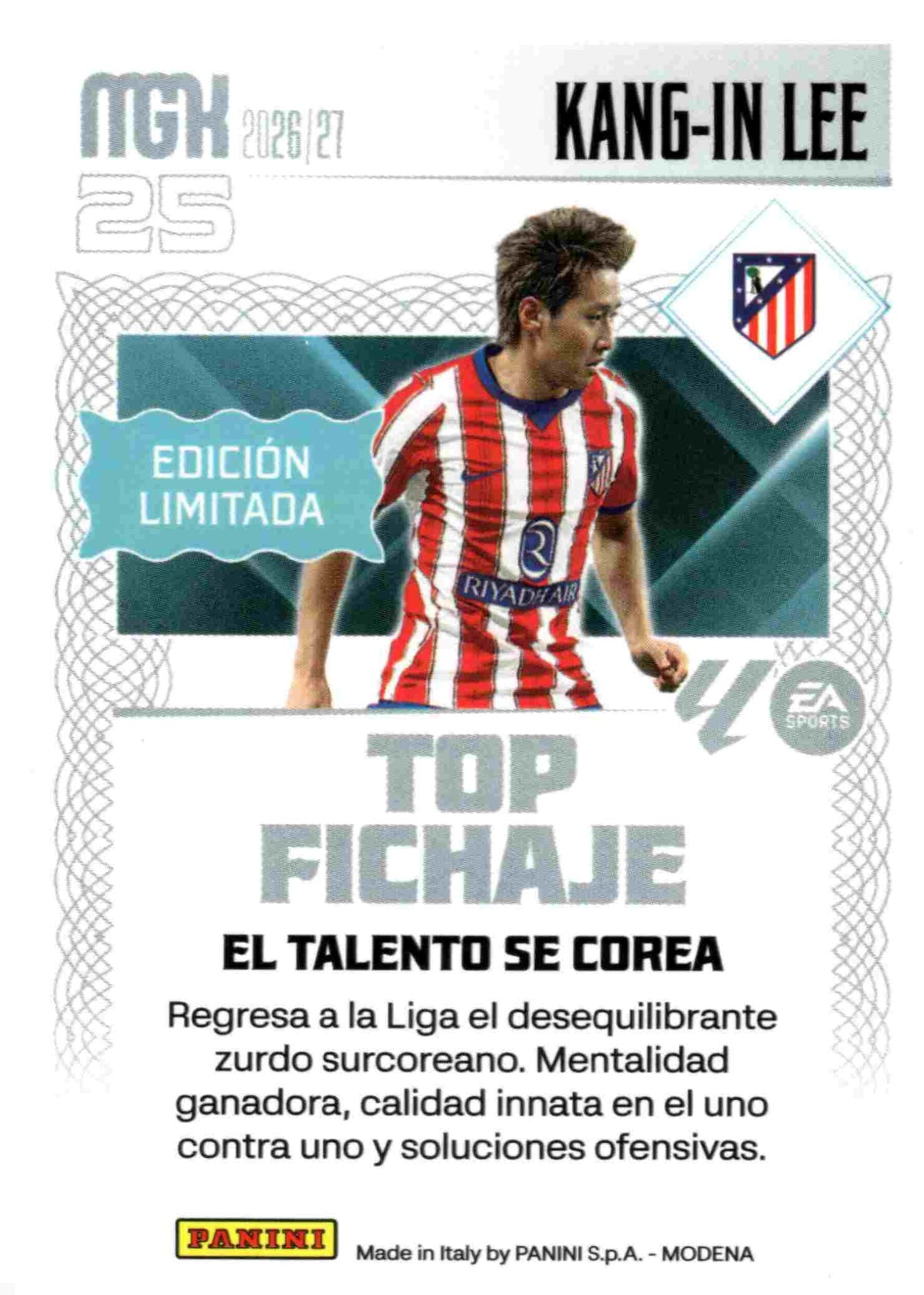 Kang-in Lee — Atlético de Madrid. Top Fichaje · Edición Limitada, Panini Megacracks 2026-2027. Reverso. Referencia interna WTC EDL4.