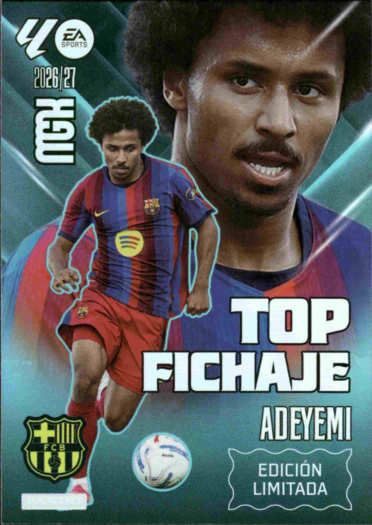 Adeyemi — FC Barcelona. Top Fichaje · Edición Limitada, Panini Megacracks 2026-2027. Anverso. Referencia interna WTC EDL5.