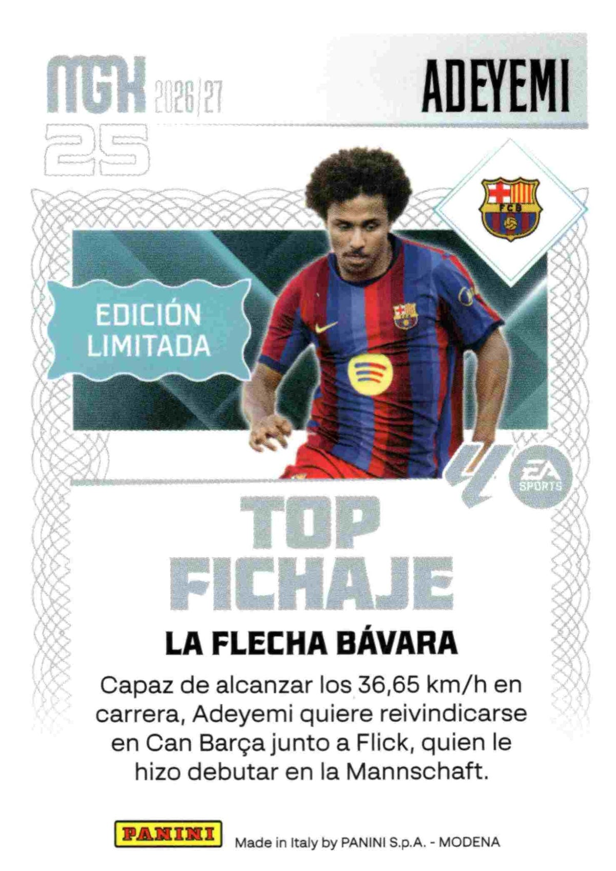 Adeyemi — FC Barcelona. Top Fichaje · Edición Limitada, Panini Megacracks 2026-2027. Reverso. Referencia interna WTC EDL5.