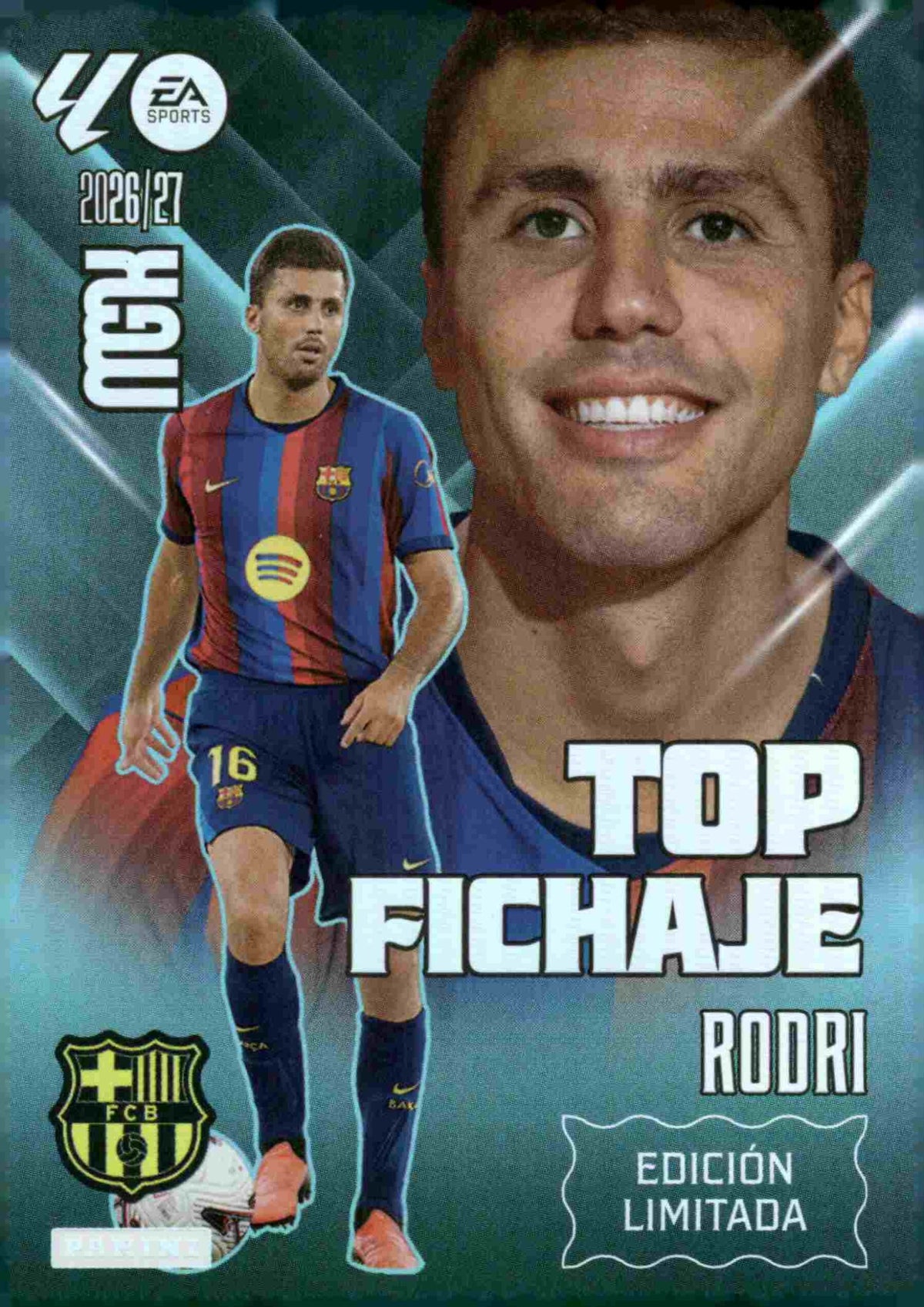 Rodri — FC Barcelona. Top Fichaje · Edición Limitada, Panini Megacracks 2026-2027. Anverso. Referencia interna WTC EDL7.