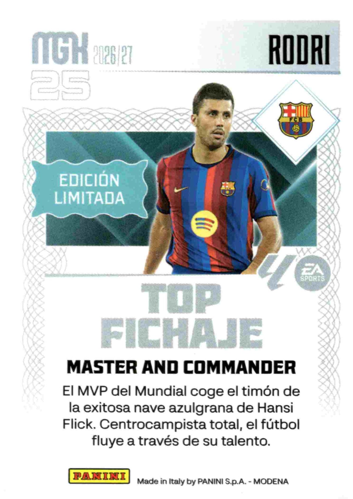 Rodri — FC Barcelona. Top Fichaje · Edición Limitada, Panini Megacracks 2026-2027. Reverso. Referencia interna WTC EDL7.