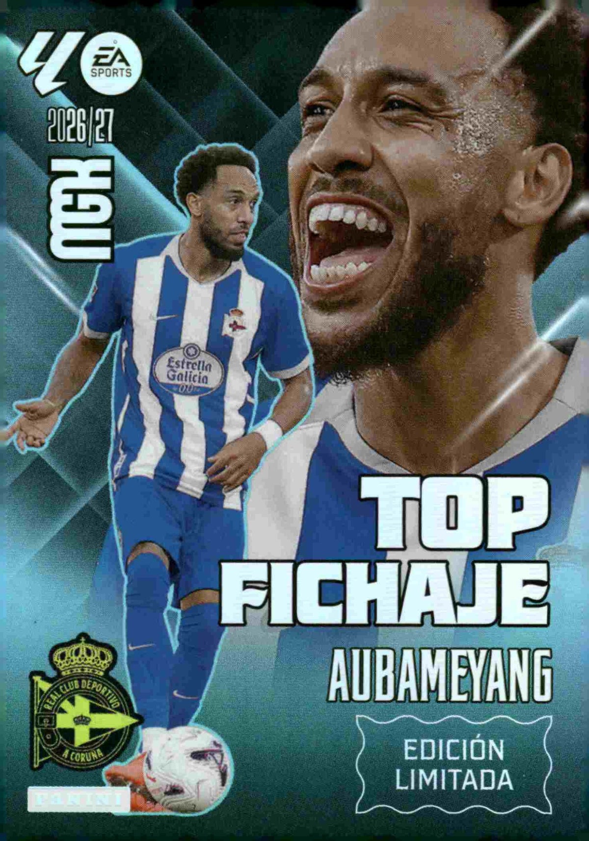 Aubameyang — RC Deportivo. Top Fichaje · Edición Limitada, Panini Megacracks 2026-2027. Anverso. Referencia interna WTC EDL8.