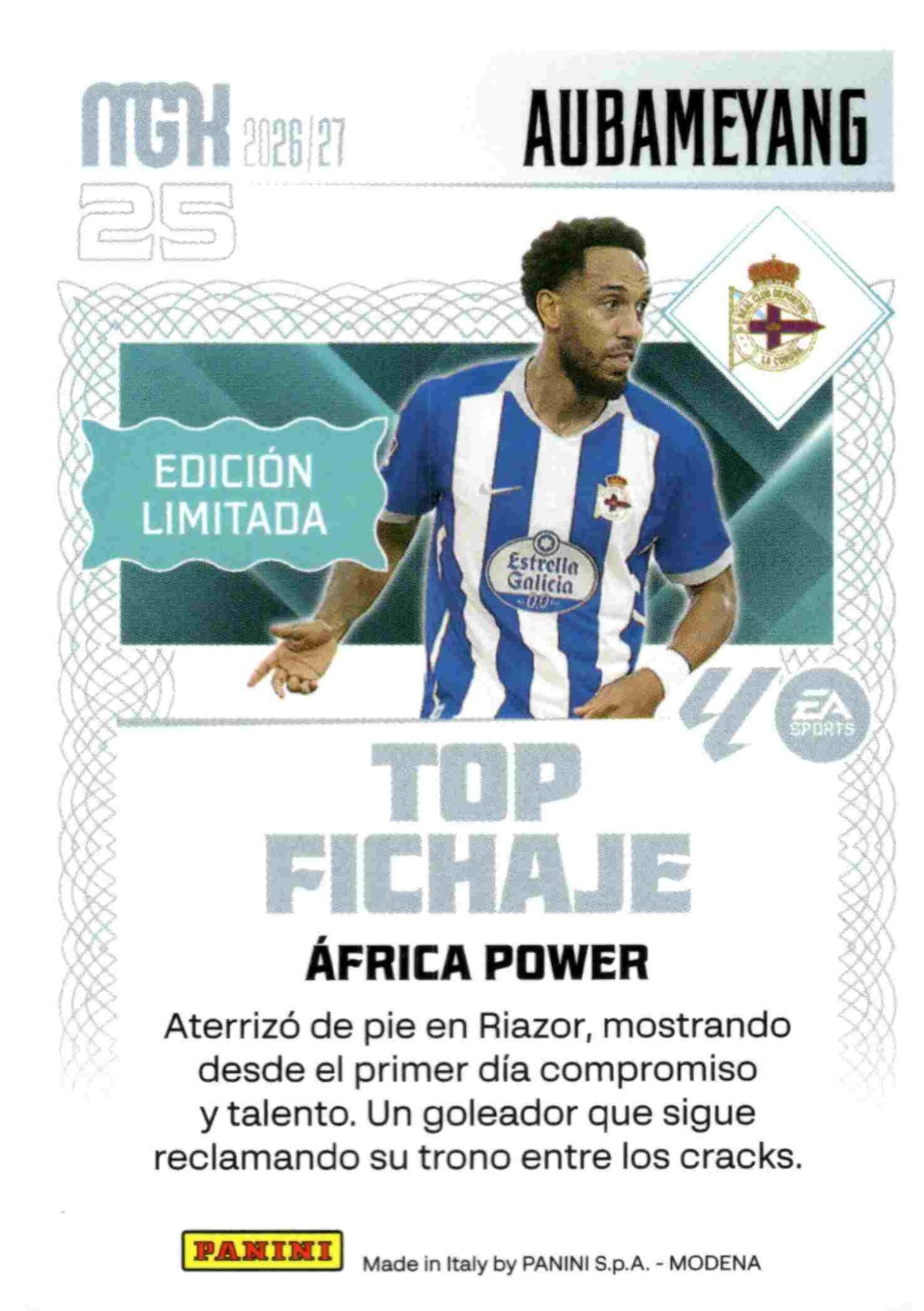 Aubameyang — RC Deportivo. Top Fichaje · Edición Limitada, Panini Megacracks 2026-2027. Reverso. Referencia interna WTC EDL8.