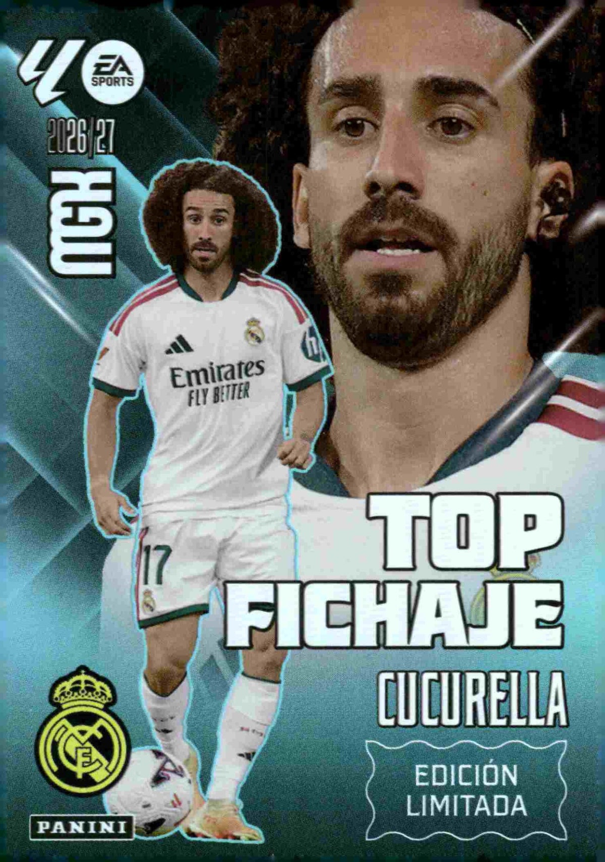 Cucurella — Real Madrid. Top Fichaje · Edición Limitada, Panini Megacracks 2026-2027. Anverso. Referencia interna WTC EDL9.