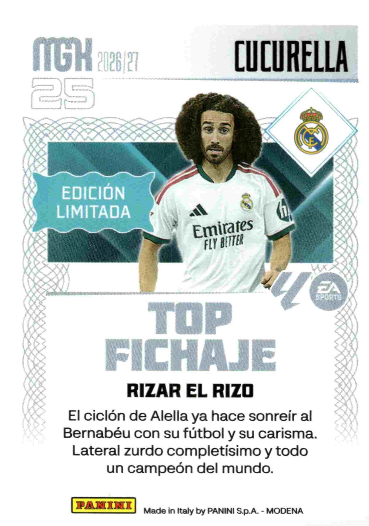 Cucurella — Real Madrid. Top Fichaje · Edición Limitada, Panini Megacracks 2026-2027. Reverso. Referencia interna WTC EDL9.