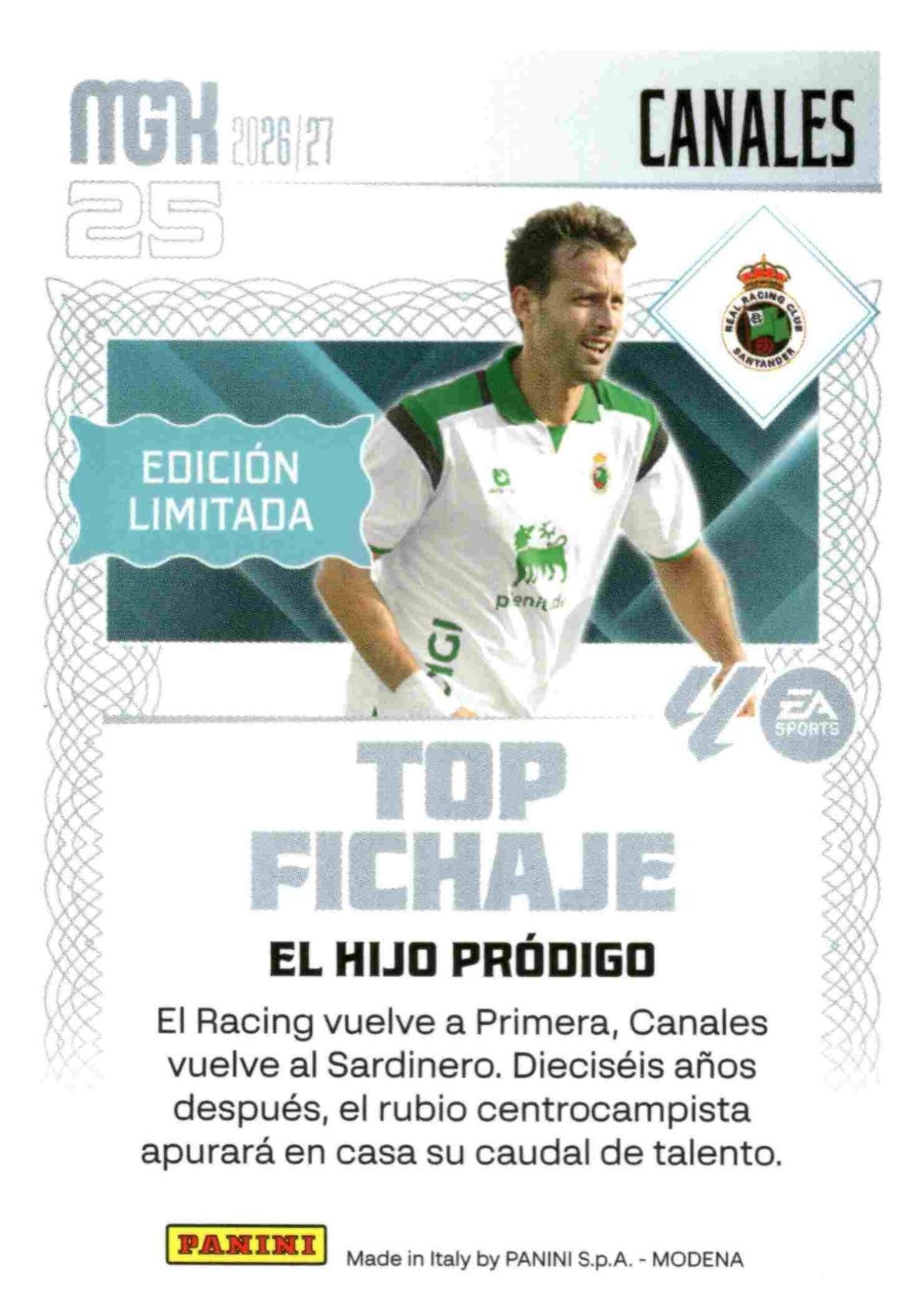 Canales — Real Racing Club. Top Fichaje · Edición Limitada, Panini Megacracks 2026-2027. Reverso. Referencia interna WTC EDL6.
