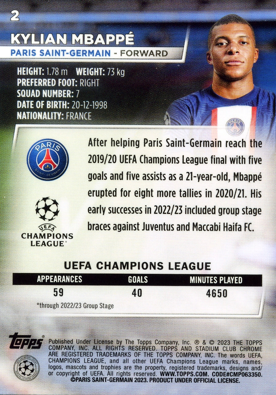 Cromo Trading Card Fútbol-Kylian Mbappé-Paris Saint-Germain-Topps Stadium Club Uefa Chrome 2022-2023-#002-Básico Parallel-1