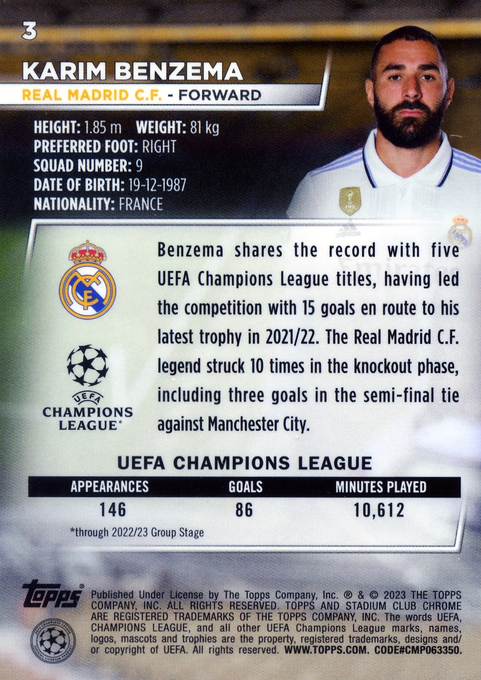 Cromo Trading Card Fútbol-Karim Benzema-Real Madrid CF-Topps Stadium Club Uefa Chrome 2022-2023-#003-Básico Parallel-1