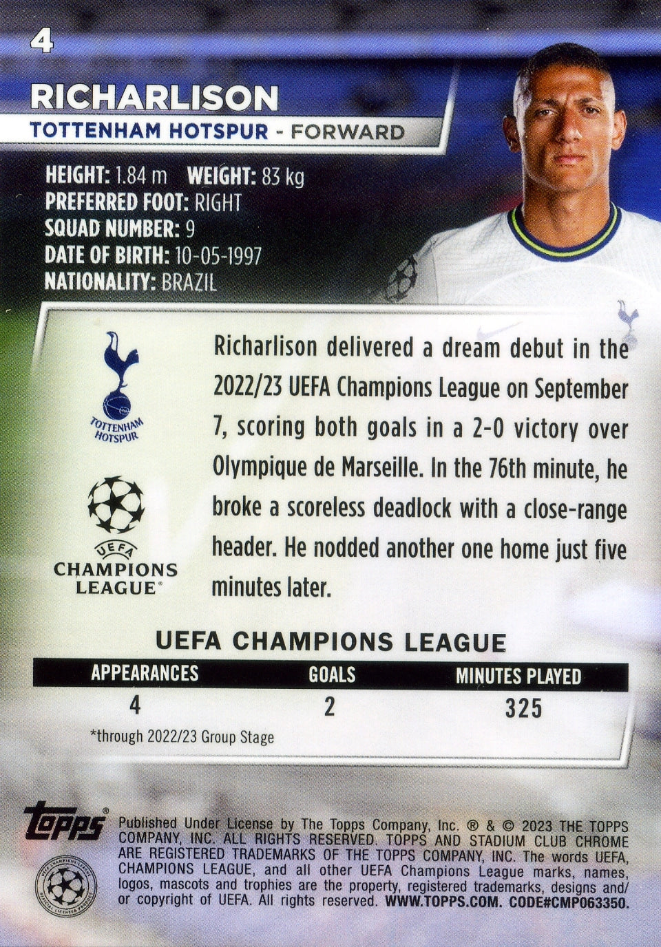 Cromo Trading Card Fútbol-Richarlison-Tottenham Hotspur-Topps Stadium Club Uefa Chrome 2022-2023-#004-Básico Parallel-1