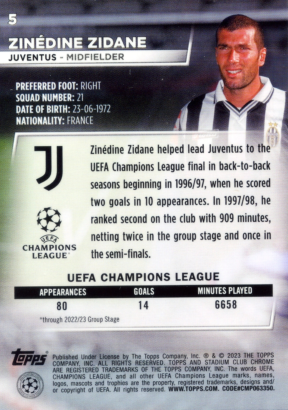 Cromo Trading Card Fútbol-Zinedine Zidane-Juventus-Topps Stadium Club Uefa Chrome 2022-2023-#005-Básico Parallel-1