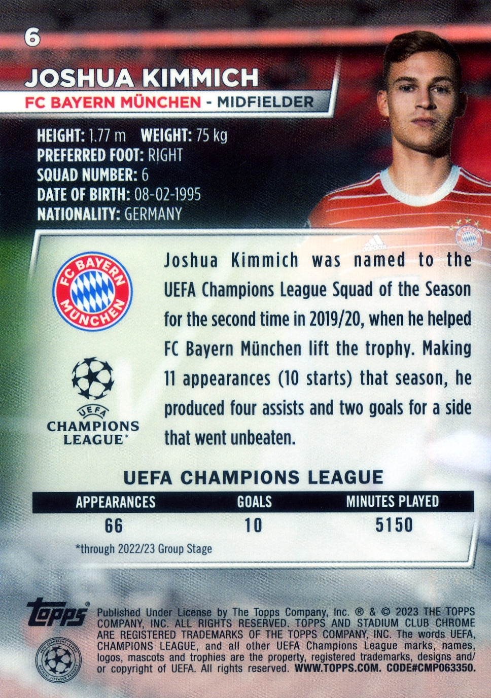 Cromo Trading Card Fútbol-Joshua Kimmich-FC Bayern München-Topps Stadium Club Uefa Chrome 2022-2023-#006-Básico Parallel-1