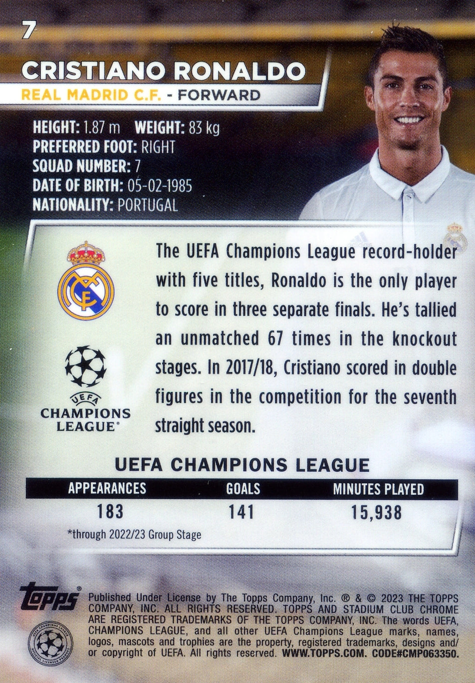 Cromo Trading Card Fútbol-Cristiano Ronaldo-Real Madrid CF-Topps Stadium Club Uefa Chrome 2022-2023-#007-Básico Parallel-1
