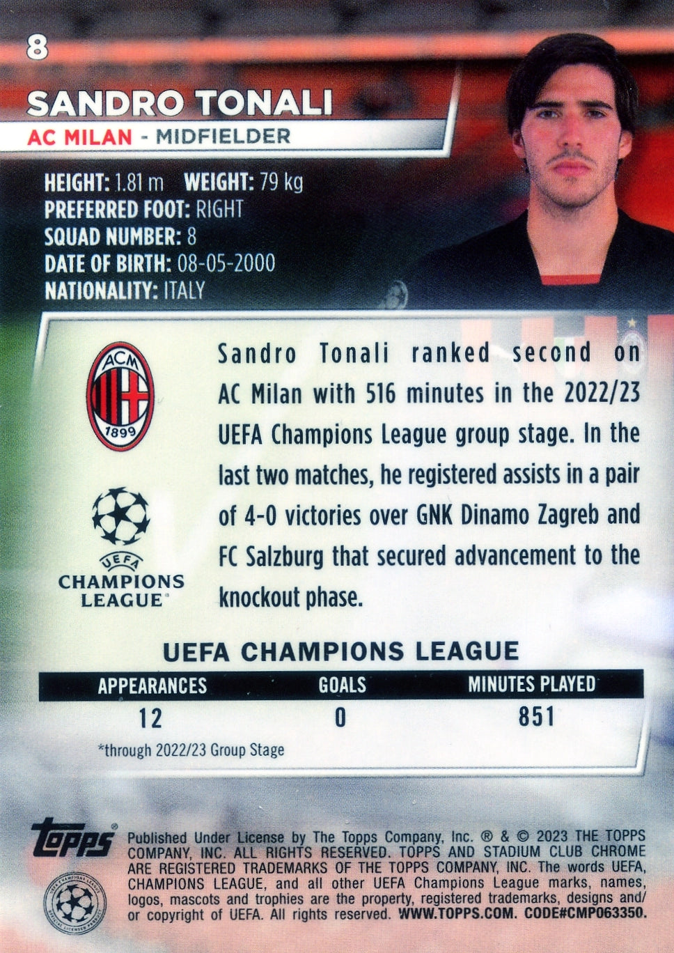 Cromo Trading Card Fútbol-Sandro Tonali-AC Milan-Topps Stadium Club Uefa Chrome 2022-2023-#008-Básico Parallel-1