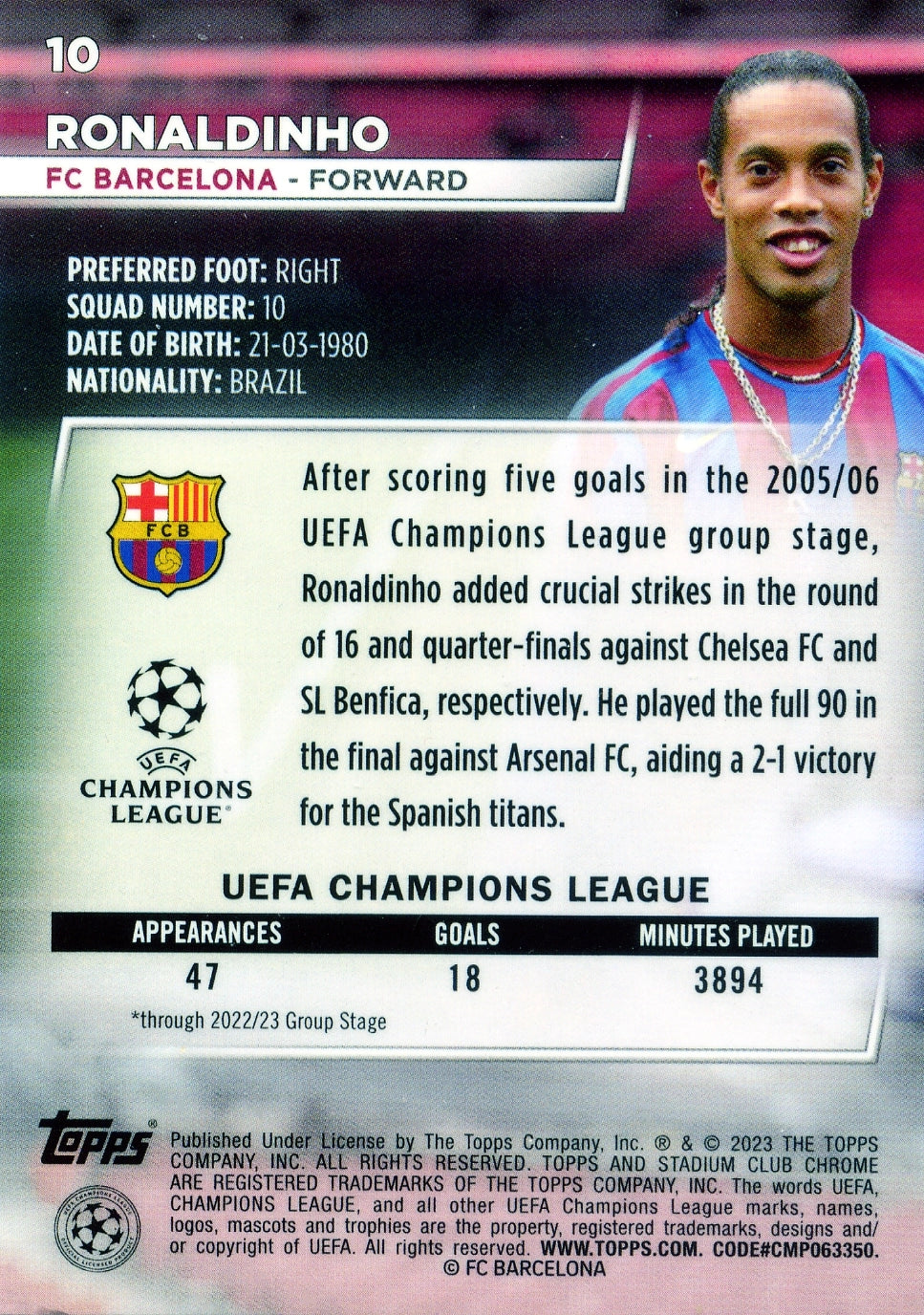 Cromo Trading Card Fútbol-Ronaldinho-FC Barcelona-Topps Stadium Club Uefa Chrome 2022-2023-#010-Básico Parallel-1