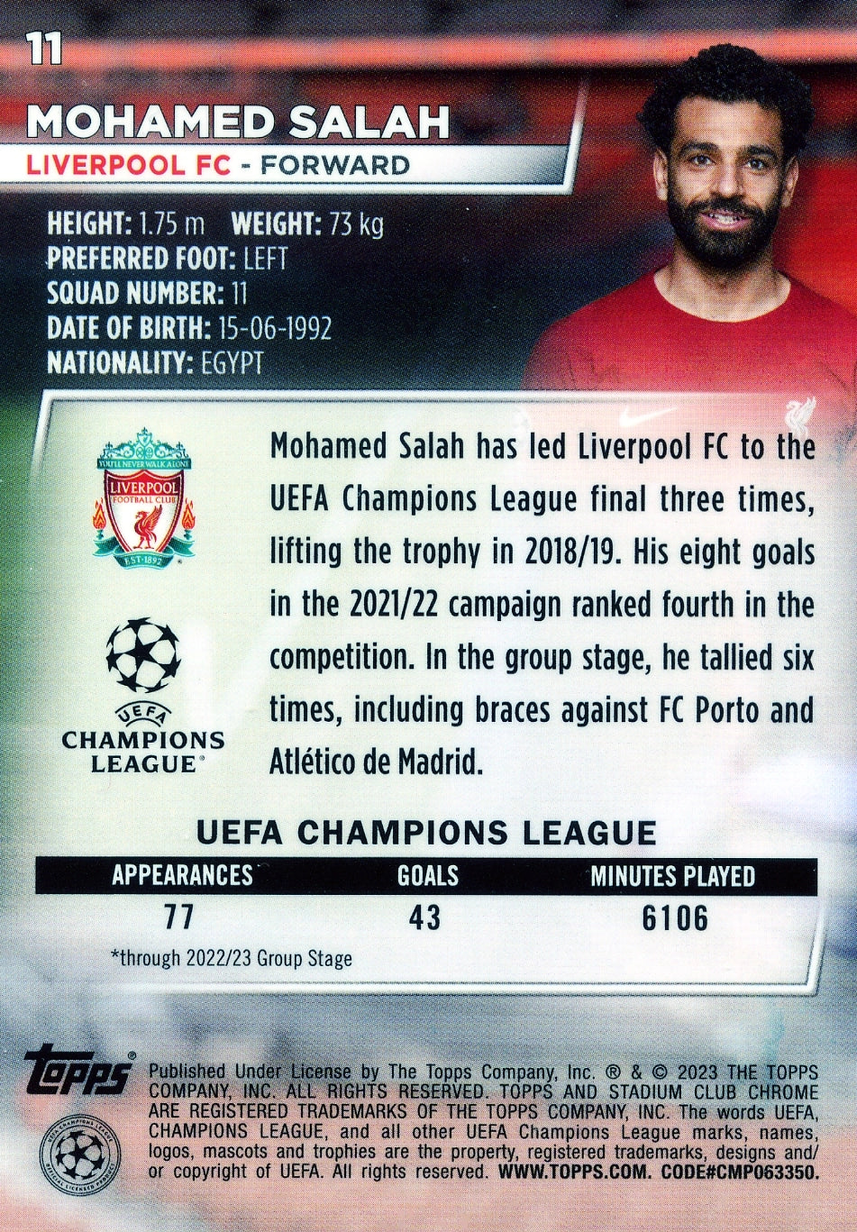 Cromo Trading Card Fútbol-Mohamed Salah-Liverpool FC-Topps Stadium Club Uefa Chrome 2022-2023-#011-Básico Parallel-1