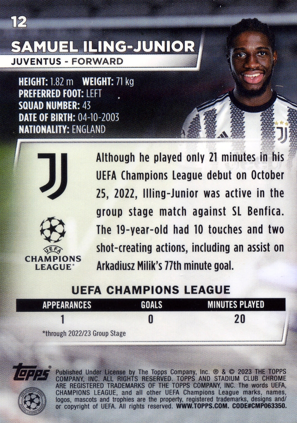 Cromo Trading Card Fútbol-Samuel Iling-Junior-Juventus-Topps Stadium Club Uefa Chrome 2022-2023-#012-Básico Parallel-1