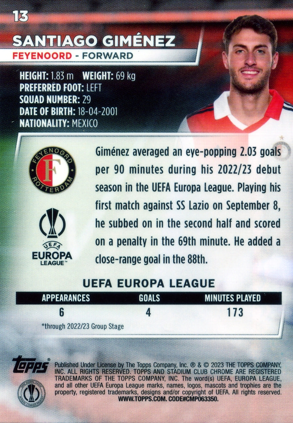 Cromo Trading Card Fútbol-Santiago Giménez-Feyenoord-Topps Stadium Club Uefa Chrome 2022-2023-#013-Básico Parallel-1