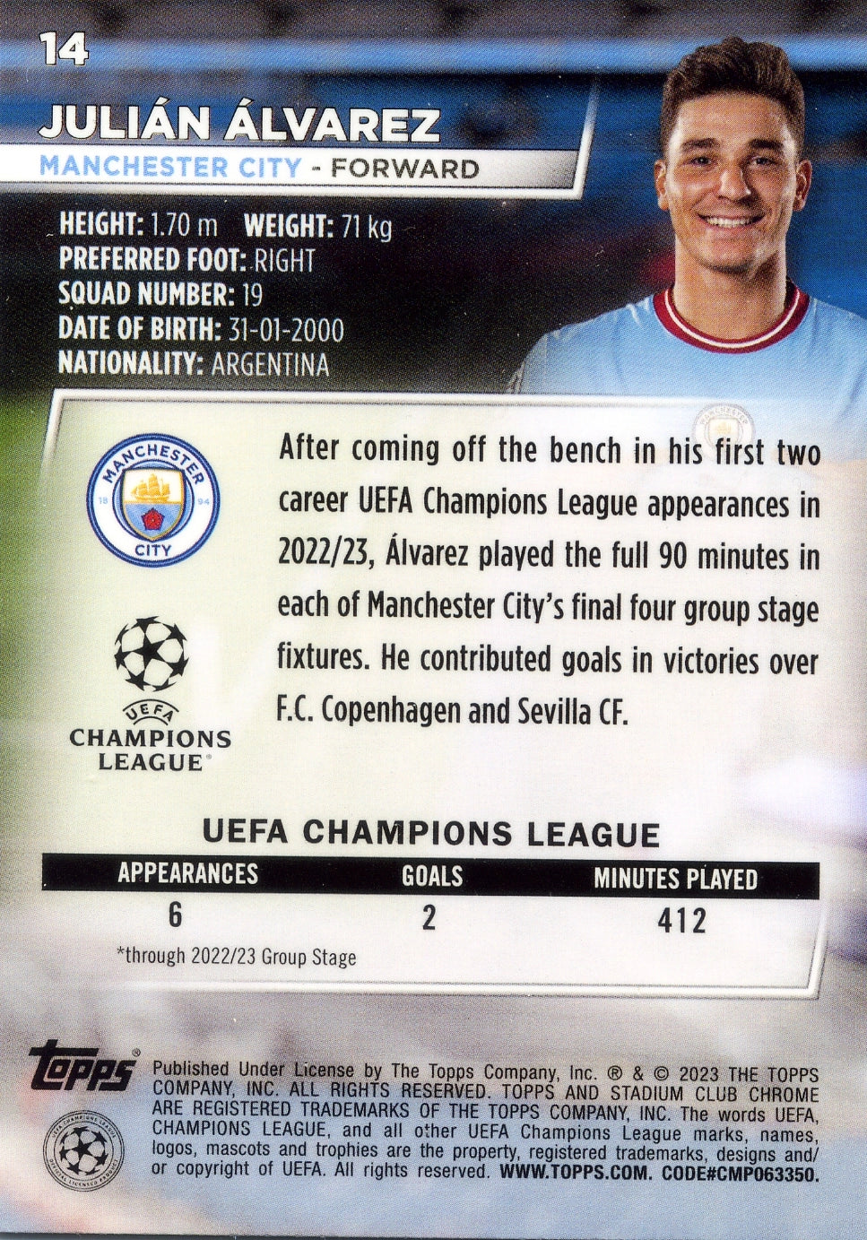 Cromo Trading Card Fútbol-Julián Álvarez-Manchester City-Topps Stadium Club Uefa Chrome 2022-2023-#014-Básico Parallel-1
