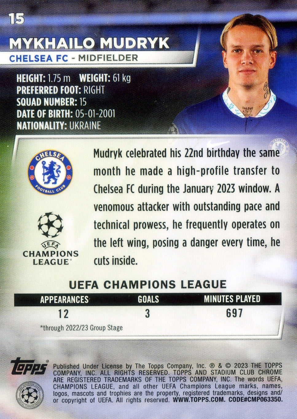 Cromo Trading Card Fútbol-Mykhailo Mudryk-Chelsea FC-Topps Stadium Club Uefa Chrome 2022-2023-#015-Básico Parallel-1