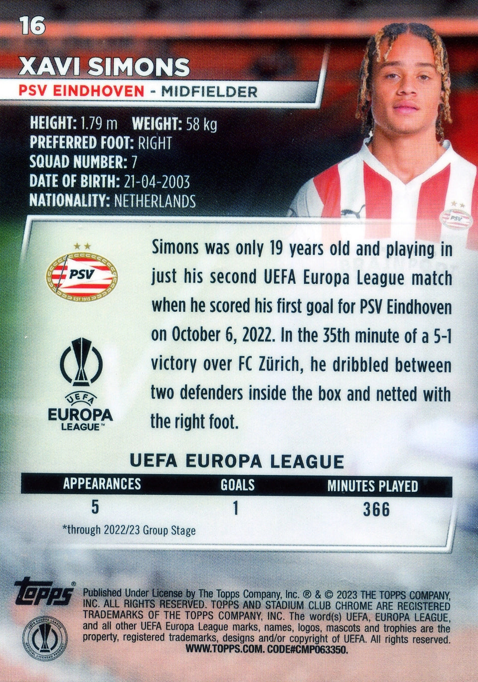 Cromo Trading Card Fútbol-Xavi Simons-PSV Eindhoven-Topps Stadium Club Uefa Chrome 2022-2023-#016-Básico Parallel-1