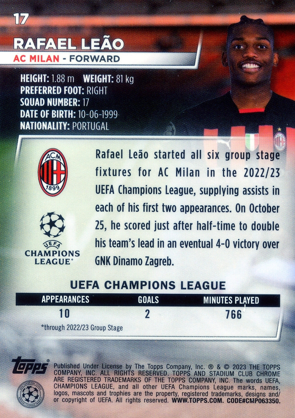 Cromo Trading Card Fútbol-Rafael Leão-AC Milan-Topps Stadium Club Uefa Chrome 2022-2023-#017-Básico Parallel-1