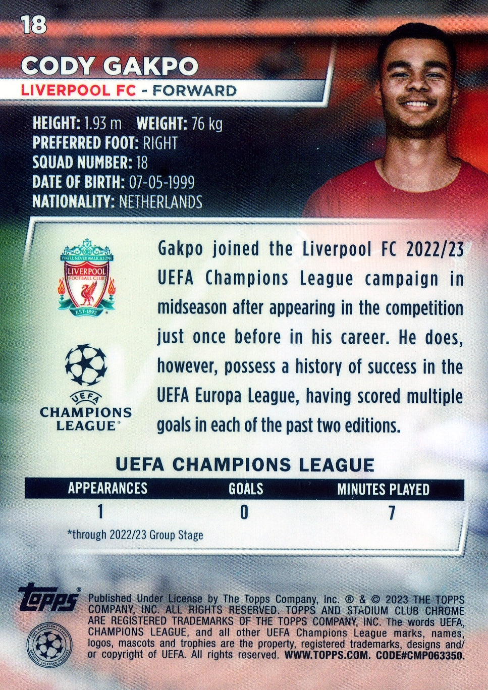 Cromo Trading Card Fútbol-Cody Gakpo-Liverpool FC-Topps Stadium Club Uefa Chrome 2022-2023-#018-Básico Parallel-1
