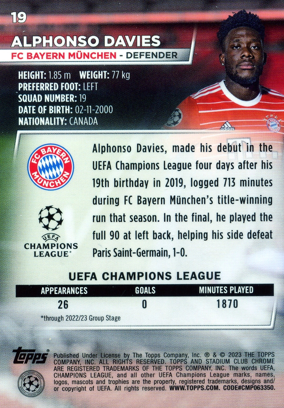 Cromo Trading Card Fútbol-Alphonso Davies-FC Bayern München-Topps Stadium Club Uefa Chrome 2022-2023-#019-Básico Parallel-1