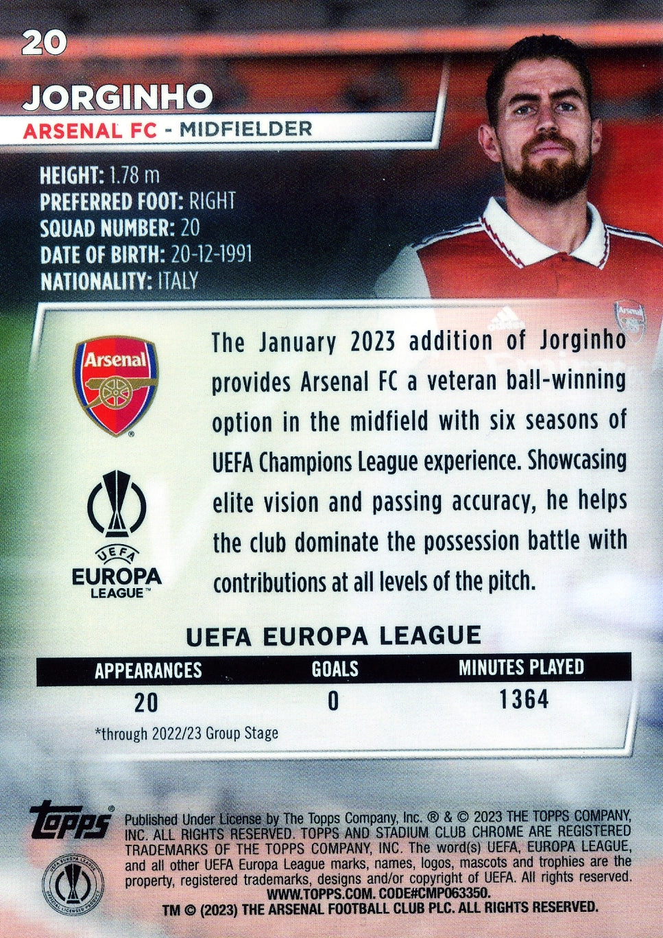 Cromo Trading Card Fútbol-Jorginho-Arsenal FC-Topps Stadium Club Uefa Chrome 2022-2023-#020-Básico Parallel-1
