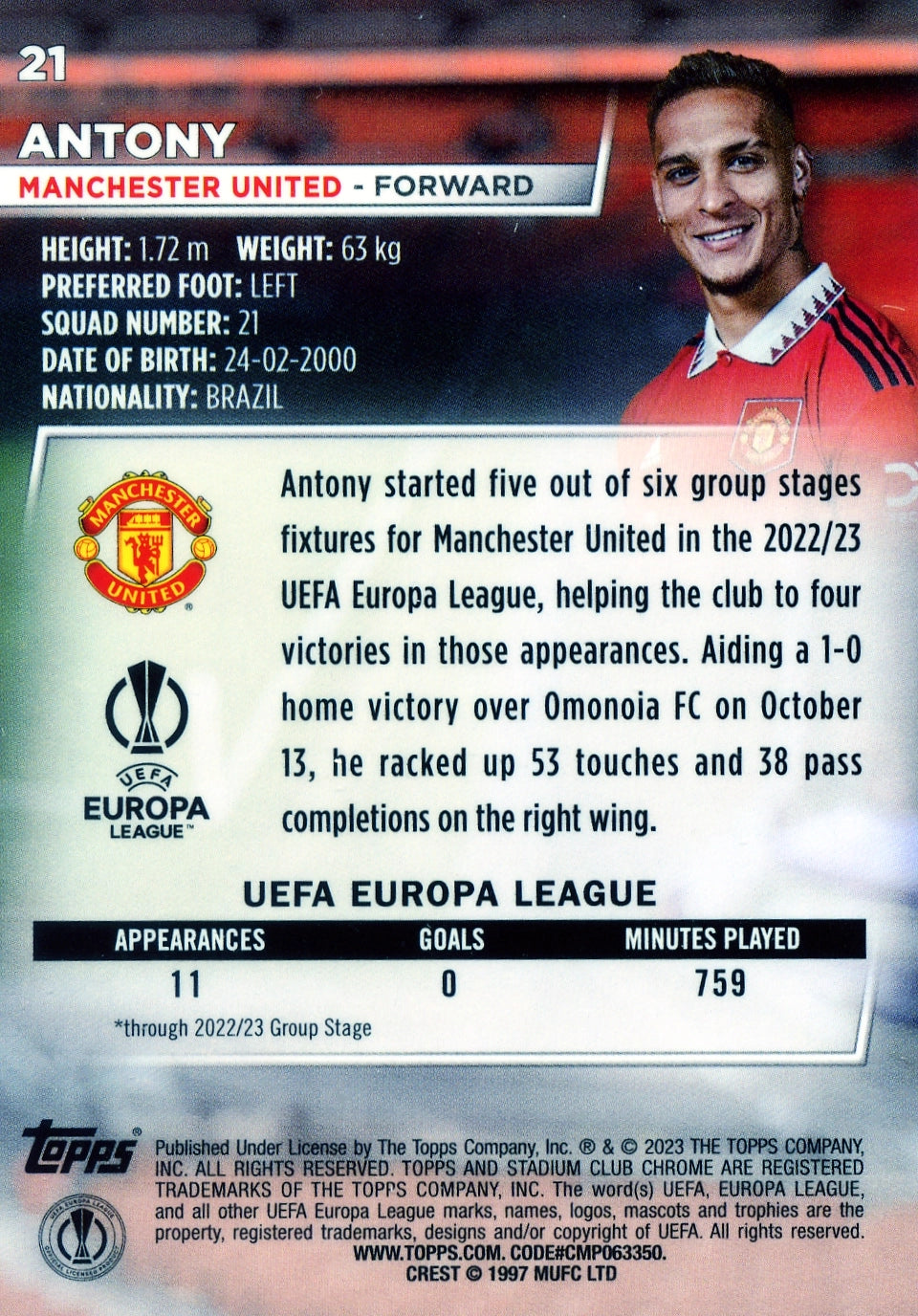 Cromo Trading Card Fútbol-Antony-Manchester United-Topps Stadium Club Uefa Chrome 2022-2023-#021-Básico Parallel-1