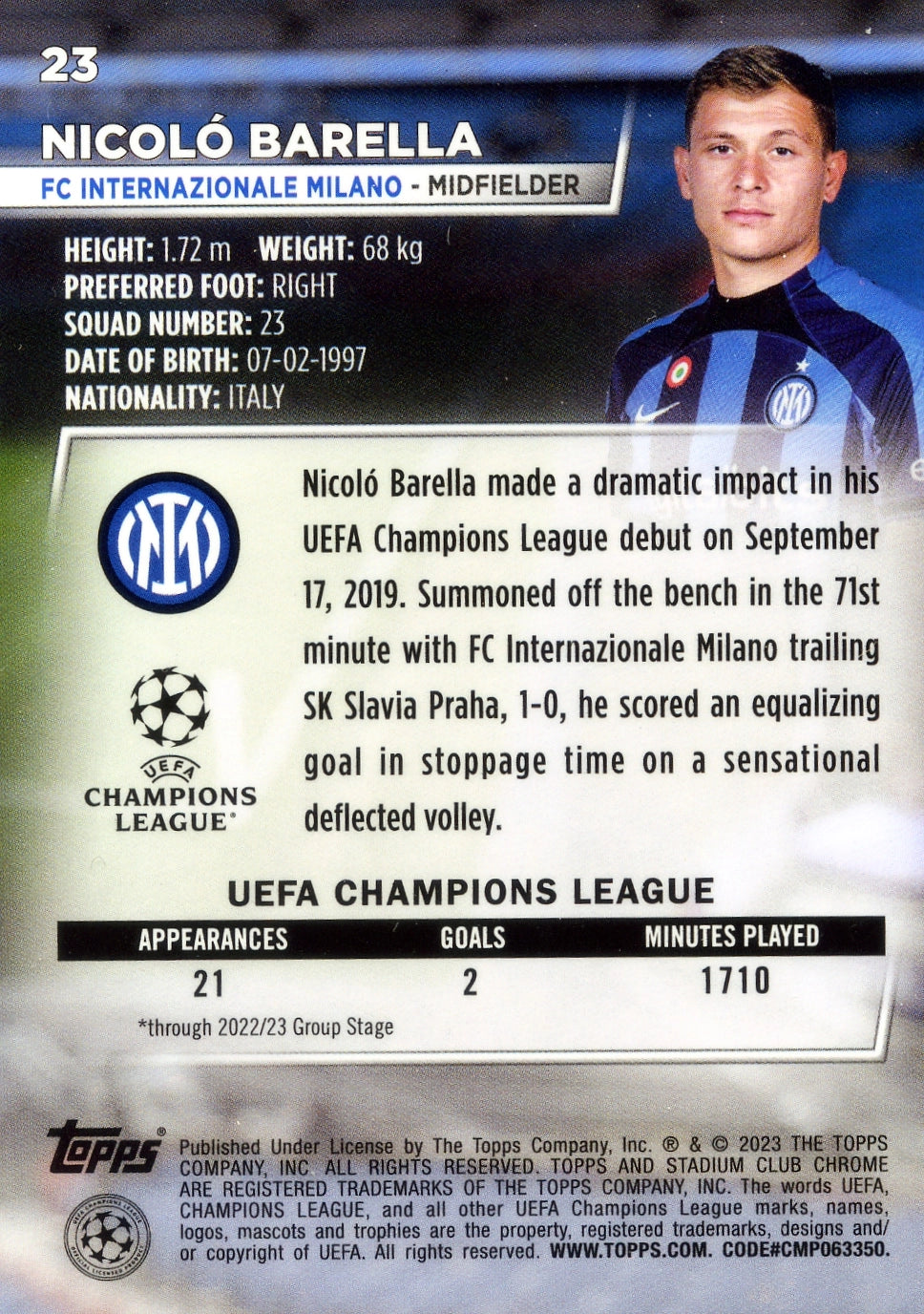 Cromo Trading Card Fútbol-Nicoló Barella-FC Internazionale Milano-Topps Stadium Club Uefa Chrome 2022-2023-#023-Básico Parallel-1