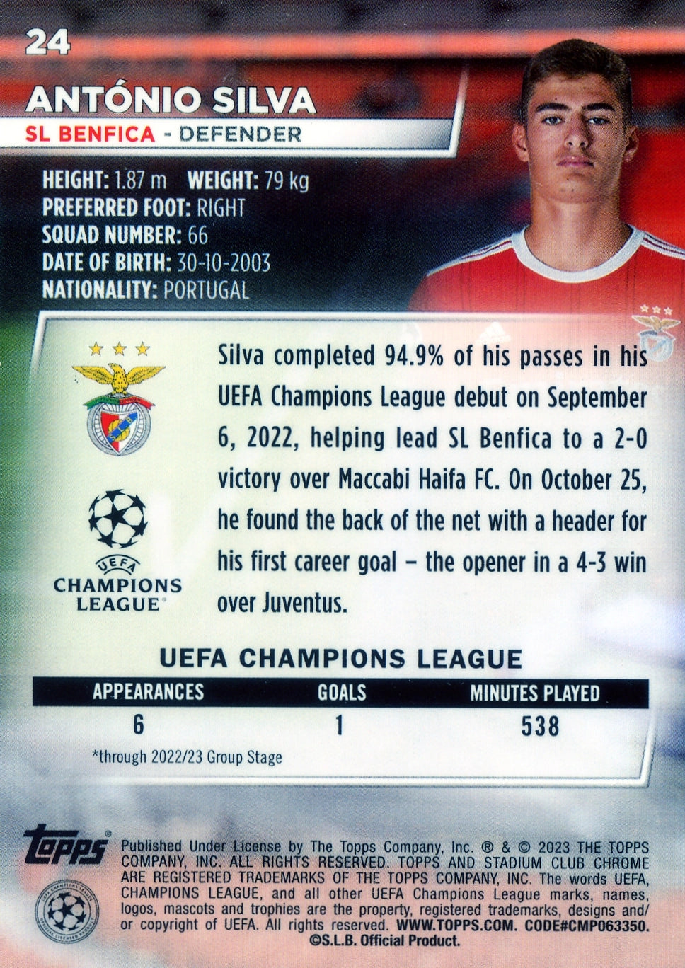 Cromo Trading Card Fútbol-António Silva-SL Benfica-Topps Stadium Club Uefa Chrome 2022-2023-#024-Básico Parallel-1