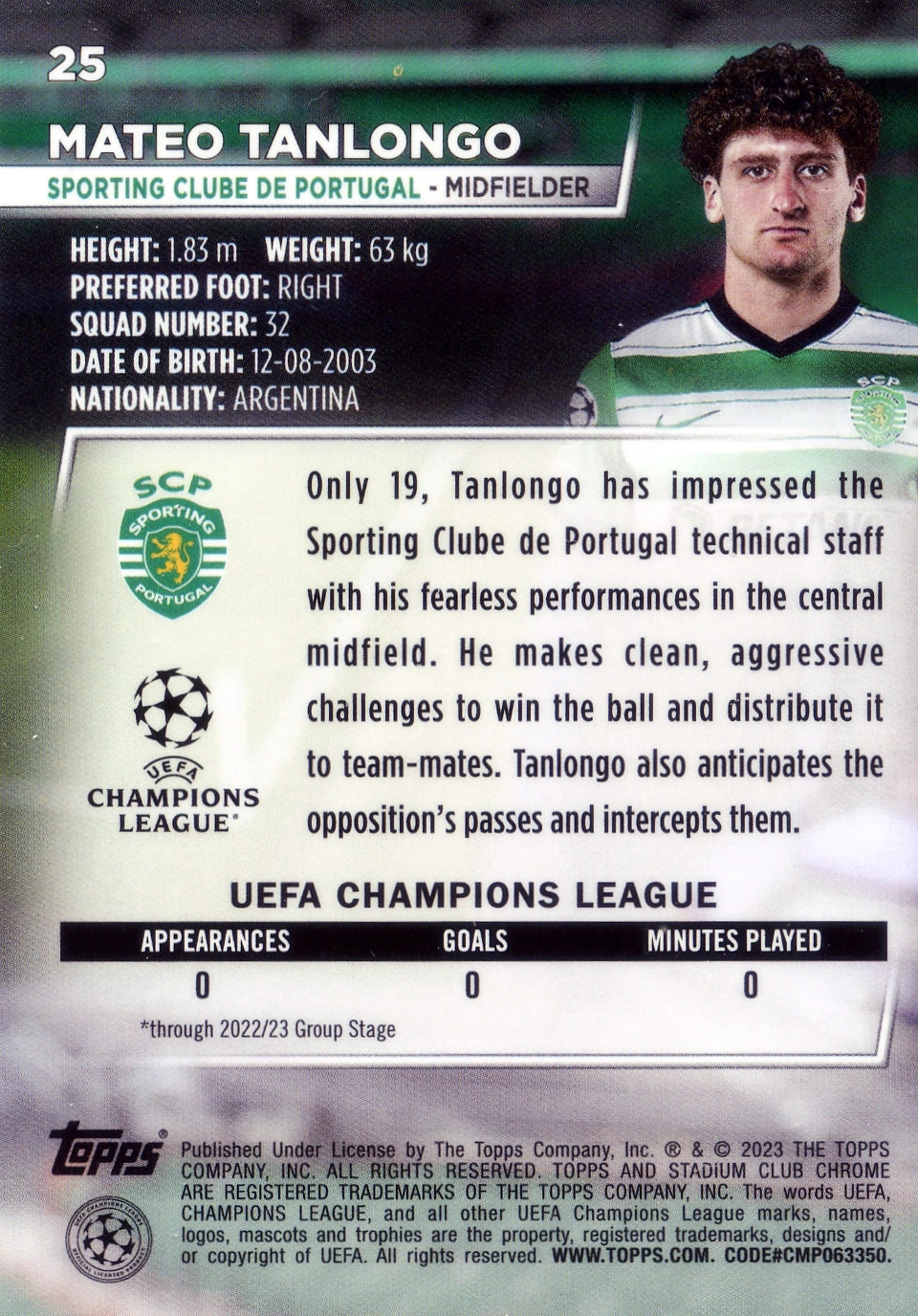 Cromo Trading Card Fútbol-Mateo Tanlongo-Sporting Clube de Portugal-Topps Stadium Club Uefa Chrome 2022-2023-#025-Básico Parallel-1